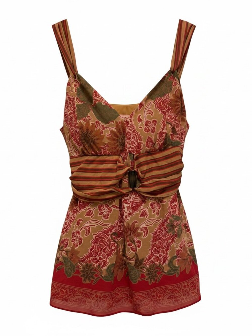 Bandolino Red and Mustard Patterned Blouse Top with striped Tie Size 14